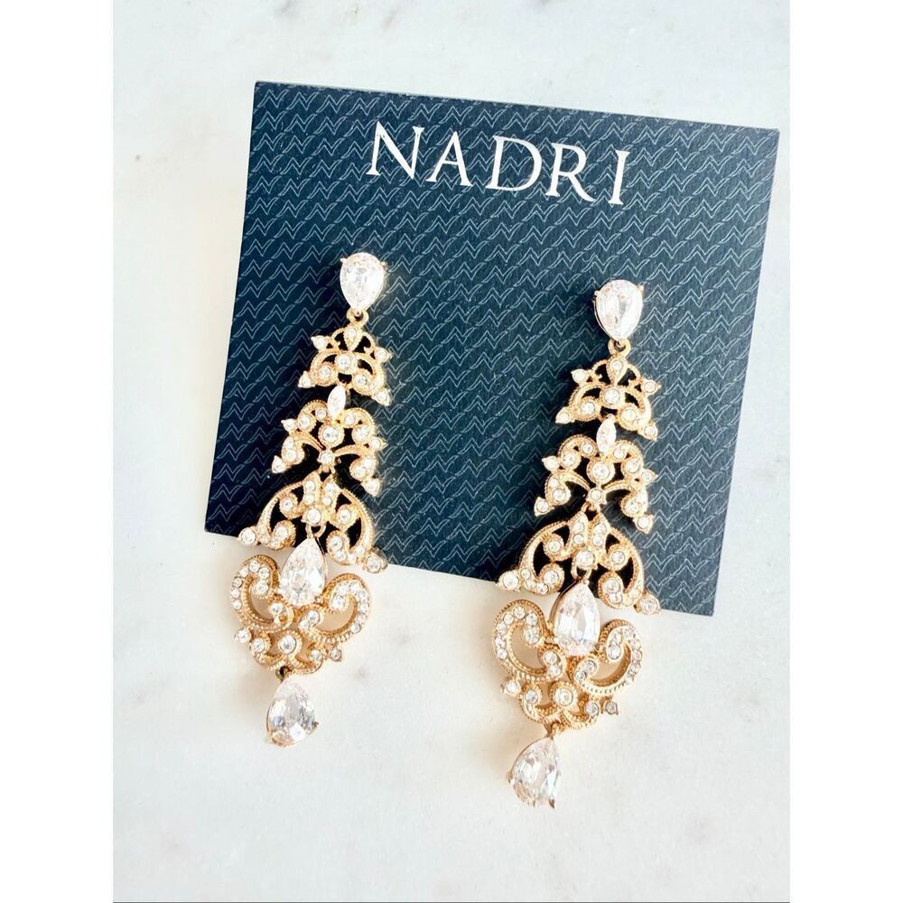 Nadri Gold Crystal Chandelier Earrings | Bridal Wedding Statement Drop CZ - Picture 6 of 6